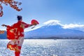 Asian Woman In Traditional Japanese Kimono With Fan Posing at Fuji Mountain at Kawaguchiko Lake in Japan Royalty Free Stock Photo