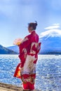 Asian Woman In Traditional Japanese Kimono And Fan Posing at Fuji Mountain at Kawaguchiko Lake in Japan Royalty Free Stock Photo