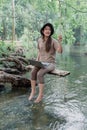 Asian woman travel and camping alone. Businesswoman online working and relaxing during journey outdoor