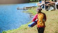 Asian woman travel nature. Travel to relax and yoga exercise at the lake  pang ung in Mae Hong Son, Thailand Royalty Free Stock Photo