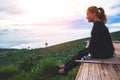 Asian women travel sleep relax. Morning atmosphere nature Forests, mountains. Phu Thap Buek Thailand Royalty Free Stock Photo