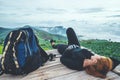 Asian women travel sleep relax. Morning atmosphere nature Forests, mountains. Phu Thap Buek Thailand