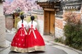 Asian woman traveler in traditional korean dress or hanbok dress Royalty Free Stock Photo