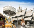 Asian woman traveller in white dress travel in Silver church Royalty Free Stock Photo