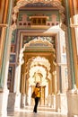 Asian woman trourist standing at Patrika gate in Jaipur, Rajasthan India. Royalty Free Stock Photo