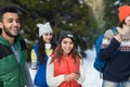 Asian Woman Using Smart Phone Snow Forest Happy Smiling Young People Group Walking Outdoor Winter