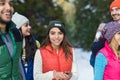 Asian Woman Using Smart Phone Snow Forest Happy Smiling Young People Group Walking Outdoor Winter