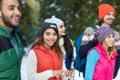 Asian Woman Using Smart Phone Snow Forest Happy Smiling Young People Group Walking Outdoor Winter