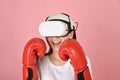 Asian woman using vr glasses, Working out with punch boxing video games application from virtual reality headset Royalty Free Stock Photo