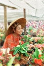 Asian woman in Vietnamese straw hat holding potted flower in own garden