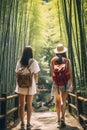 asian woman walking at Bamboo Forest. AI Generated