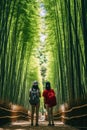 asian woman walking at Bamboo Forest. AI Generated