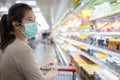 Asian woman wear a mask,looking fresh water and milk,choosing necessary food products,people panic buying and hoarding during the Royalty Free Stock Photo