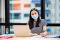 Asian women wear masks protect against airborne disease and salivary infections, during outbreak of Covid 19 virus Coronavirus