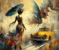 asian woman wear traditional dress walk rainy city skyline stop taxi cab year of the chinese dragon