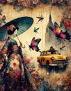 asian woman wear traditional dress walk rainy city skyline stop taxi cab year of the chinese dragon