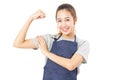 Asian Woman Wearing Apron And Flex Her Muscles.