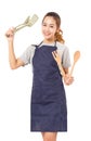 Asian Woman Wearing Apron And Showing Cooking Tools.