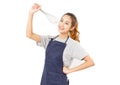 Asian Woman Wearing Apron And Singing With Whisk. Royalty Free Stock Photo