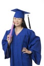 Asian woman wearing blue graduation holding pencil isolated whi Royalty Free Stock Photo