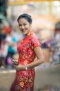Asian woman wearing chinese tradition clothes toothy smiling face happiness emotion