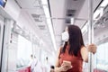 Asian woman wearing face mask looking sign and schedule on subway train,Safety on public transport,New normal during covid-19 pand