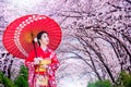 Asian woman wearing japanese traditional kimono and cherry blossom in spring, Japan