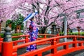 Asian woman wearing japanese traditional kimono and cherry blossom in spring, Kyoto temple in JapanÃ Â¹Æ Royalty Free Stock Photo