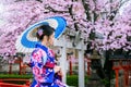 Asian woman wearing japanese traditional kimono and cherry blossom in spring, Kyoto temple in Japan. Royalty Free Stock Photo