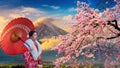 Asian woman wearing japanese traditional kimono at Fuji mountain and cherry blossom, Kawaguchiko lake in Japan Royalty Free Stock Photo