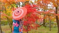 An Asian woman wearing Japanese traditional kimono with red umbrella standing with Red maple leaves or fall foliage in Autumn Royalty Free Stock Photo
