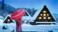 Asian woman wearing japanese traditional kimono at Shirakawa-go village in winter, UNESCO world heritage sites, Japan.