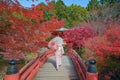 An Asian woman wearing Japanese traditional kimono standing in Daigoji Pagoda Temple with red maple leaves or fall foliage in Royalty Free Stock Photo