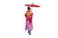 Asian woman wearing japanese traditional kimono with umbrella on white backgro und