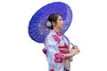 Asian woman wearing japanese traditional kimono with umbrella on white background Royalty Free Stock Photo