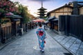 Asian woman wearing japanese traditional kimono at Yasaka Pagoda and Sannen Zaka Street in Kyoto, Japan