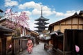 Asian woman wearing japanese traditional kimono at Yasaka Pagoda Royalty Free Stock Photo