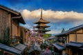 Asian woman wearing japanese traditional kimono at Yasaka Pagoda and Sannen Zaka Street in Kyoto, Japan