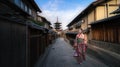 Asian woman wearing japanese traditional kimono at Yasaka Pagoda and Sannen Zaka Street in Kyoto Royalty Free Stock Photo