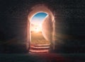 Easter concept: Empty Tomb Of Jesus Christ At Sunrise With Cross background