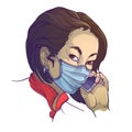 Asian woman wearing medical protection face mask and speaking on the phone. Painted sketch, isolated on a white Royalty Free Stock Photo