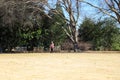 An Asian woman wearing a pink jacket, red shirt, and black pants walking along a footpath in the garden