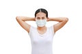 Asian woman wearing protective medical mask to protect covod-19, virus, pollution and the flu isolated on white background Royalty Free Stock Photo