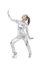 Asian woman wearing silver latex suit Royalty Free Stock Photo