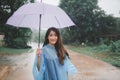 Asian woman wearing and spreading an umbrella a raincoat outdoors Royalty Free Stock Photo