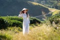 Asian woman wearing Vietnam culture traditional in green tea field Royalty Free Stock Photo