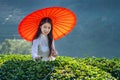 Asian woman wearing Vietnam culture traditional in green tea field Royalty Free Stock Photo