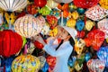 Asian woman wearing vietnam culture traditional and hoi an lanterns at Hoi An ancient town, Vietnam Royalty Free Stock Photo