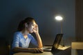 Asian woman work late at night stressful with project research problems on a laptop computer or notebook at home office  burnout Royalty Free Stock Photo