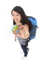 Asian woman with world globe search destination Royalty Free Stock Photo